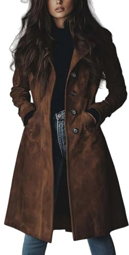 Giacca in pelle scamosciata per le donne Autunno Inverno Doppio Petto Classico Risvolto Slim Ladies Faux Suede Cappotto Trench Vintage Suede, Marrone, XL