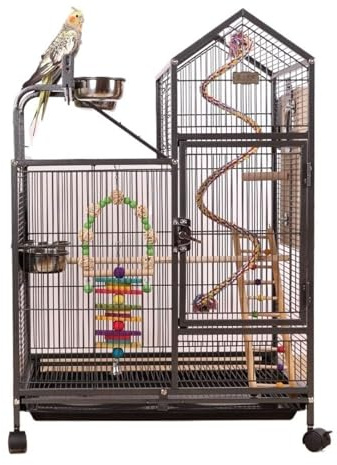 Smidesjärnsfågelbur med lekplatta och stativ, stor papegojbur for inomhus och utomhus, undulat, lovebird, nymfparakit, flygbur