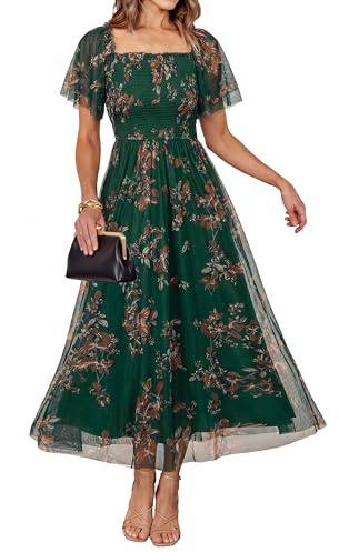 Simplee Womens Floral Maxi Dresses 2026 Summer Smocked Empire Waist Square Neck Short Sleeve Mesh A Line Flowy Dress