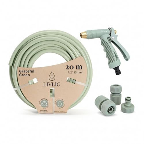 LIVLIG Gartenschlauch Set 20 m 1/2 Zoll – Wasserschlauch Garten knickfest & UV-beständig, inkl. Kunststoff Gartenspritze + Anschlüsse (Hahnanschluss G3/4, Wasserstop 1/2, Schnellkupplung) – Grün