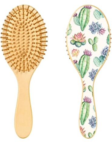 Sevdomey Watercolor Cacti and Succulents Wooden Hair Brush with Wood Bristles – Oval Detangling Brush for Women, Massage Scalp & Reduce Static