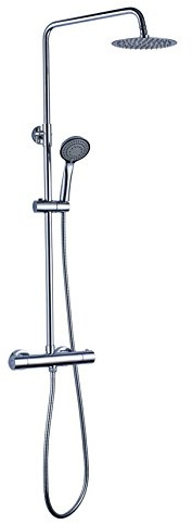 Columna de ducha termostática diseño redondo, con tubo extensible de 80 a 120 cm. Rociador extraplano de 20cm y ducha de mano de hidromasaje redondos. Recambios garantizados