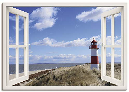 ARTLAND Wanddeko Leinwand Bilder Wandbild Fensterblick Fenster Strand Meer Maritim Düne Leuchtturm Sylt Nordsee T5SD