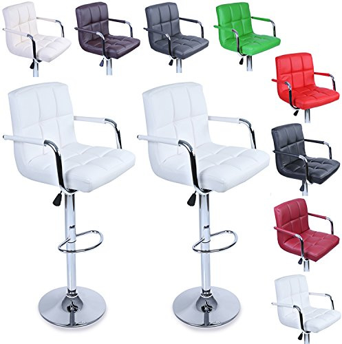 TRESKO 2 x Sgabelli da Bar e da cucina, Sgabello Lounge con schienale e braccioli, 8 colori diversi, cromato, rotazione libera a 360°, la regolazione in altezza dei sedili 62,0-82,5cm Bianco