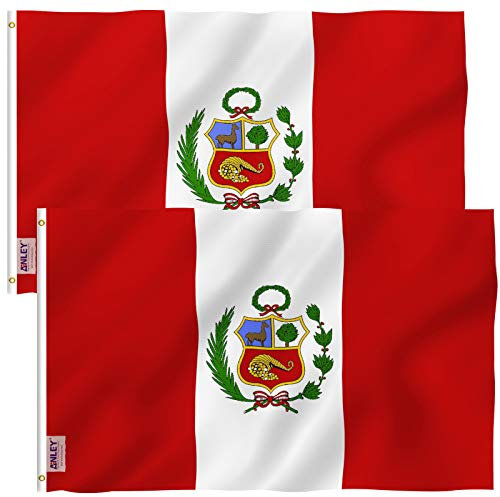 Anley Paquete de 2 Fly Breeze Bandera de Perú de 3x5 pies - Color Vivo y Resistente a la decoloración UV - Encabezado de Lona y Doble Costura - Banderas Nacionales peruanas Poliéster con Arandelas