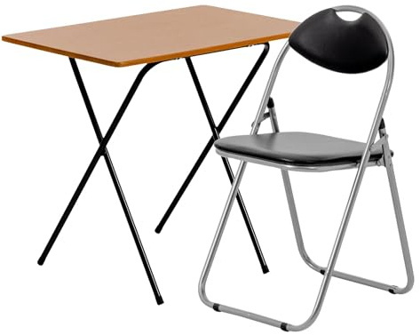 Harbour Housewares Wooden Folding Desk & Chair Set - Natural/Black Small Portable Home Office Wooden Top Foldable Desk and Folding Chair Set Workstation for PC, Laptop Study
