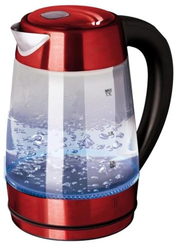 Berlinger Haus, Bouilloire en verre électrique, Collection Burgundy, Base rotative à 360 °, Protection sèche bouillante, s'éteint automatiquement, Lumière LED bleue, Garde au Chaud, 1,7 L