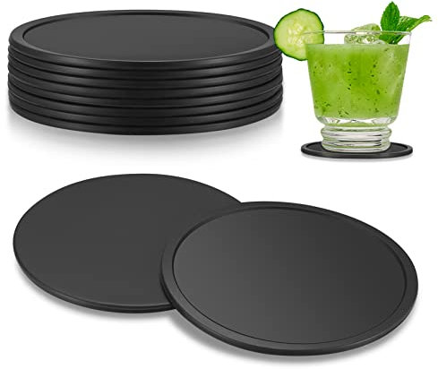 8 Pcs Silicone Coasters for Drinks, Black Round Mugs Coasters, Drink Coasters Pads Mats Non Slip for Coffee Beer Mug Wine Glass Home and Bar Coasters