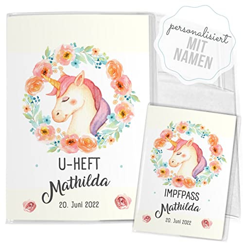 Mikalino Hülle für U-Heft und Impfpass personalisiert Farbenfrohes Einhorn mit Blumenkranz SET Impfpasshülle & Schutzhülle, Grösse:U-Heft Set 3-teilig personalisiert, Farbe:7043_Einhorn