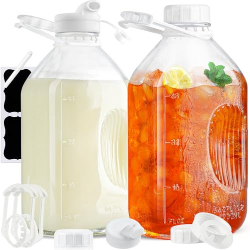 Absovetu 2 Pack Glass Milk Storage Bottles with Lids Airtight 1.9L/64oz - Reusable Juice Bottles Milk Jug with Lid Breastmilk Storage Bottles with Pour Spout