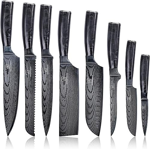 Küchenkompane - Edelstahl Messerset Kuro - 8-teiliges Küchenmesser Set - Kochmesser im Damast Design mit Epoxidharz Griff inkl. Geschenkbox - rostfreie & scharfe Messer - Designed in Germany