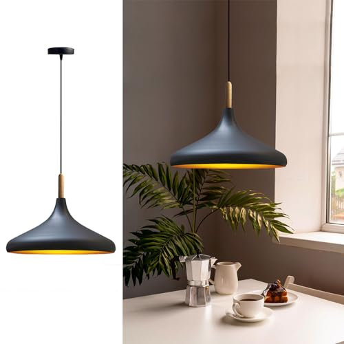 bamyum Champion Lampe à Bois Suspension Moderne en Metal de 35 cm, Lustre de Salon, Chambre, Cuisine, Suspension Luminaire Plafonnier, Éclairage de Plafond, Lampe Suspendue Noir