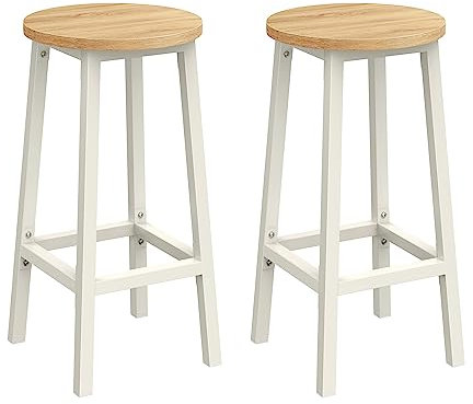 VASAGLE Taburete de Bar, Juego de 2, Sillas de Bar, Sillas de Cocina con Marco de Metal, Altura 65 cm, con Reposapiés, para Cocina, Salón, Comedor, Beige Roble y Blanco LBC032W09