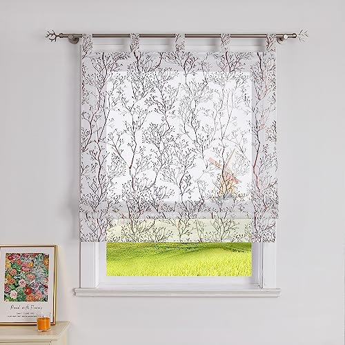 CORLIF Raffrollo mit Schlaufen Zweige Muster Raffgardinen mit Heißprägemuster Rollos Gardinen Landhaus Küche Transparente Schlaufenrollo Modern für Fenster BxH 100x140 cm 1 Stück,Braun