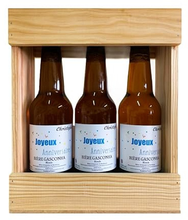 Coffret biere BRASSERIE GASCONHA + Caisse bois - Coffret degustation biere avec etiquette bouteille personnalisable pour prénom, logo, message… [ Coffret de biere a offrir ] (Blonde, 3x33 CL)