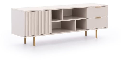 Lomadox TV Lowboard Fernsehschrank 150cm in Kaschmir, Front mit Rillenoptik, Goldfarbene Griffe und Füße