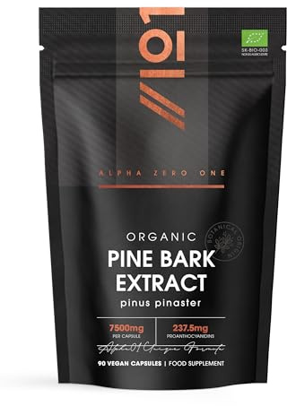 Organic Pine Bark Extract 7500mg – 237mg OPC Proanthocyanidins High Strength – 90 Vegan Capsules (3 Months Supply) – Resealable and Recyclable Pouch by Alpha01