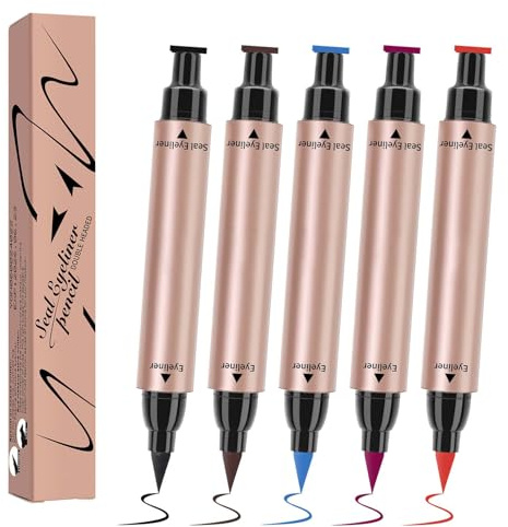 Doppelseitiger Eyeliner Stamp, 5 Farben Flüssiger Eyeliner, Eyeliner Wasserfest mit Winged Stamp, Bleistift Eyeliner Stempel Make-up, Langlebiger & Wischfester Eyeliner, Geschenk für Frauen & Mädchen