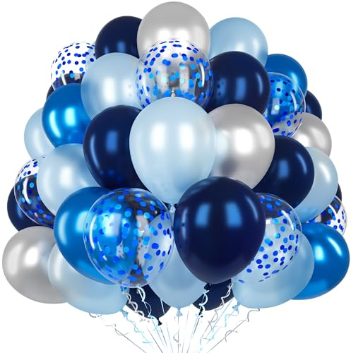 Globos Azul Marino, 60 Piezas 12 Pulgadas Látex, Plateado Metálico, Azul Claro Con Confeti Para Niños Hombres Cumpleaños, Baby Shower, Graduación, Fiesta Decoración