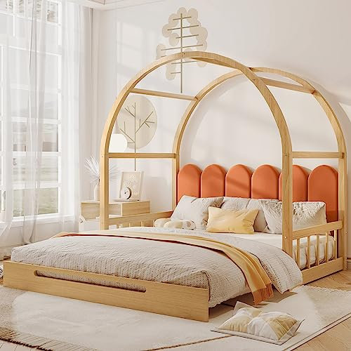 Dolamaní Kinderbett 140x100 cm mit Polster Kopfteil& mit Gewölbte Dach, Ausziehbett Gleiche Höhe Bett Ausziehbar zum Doppelbett 140x200 cm, Bodenbett für Kinder Jugendliche Erwachsener (Natur+Orange)