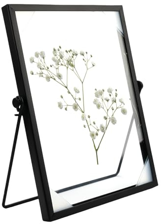 TESSTSY Bilderrahmen Stehend Glas A5, 15x20 cm Bilderrahmen Glas Metall | Schwarz Glasrahmen für Gepresste Blumen, Glas bilderrahmen Doppelseitig, für Hochzeit, Home Decoration