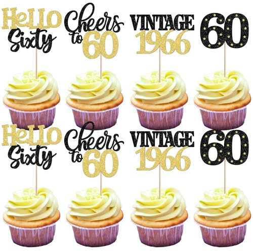 Xsstarmi 24 Pack 60th Birthday Cupcake Toppers Black Gold Glitter 60 Hello Sixty Vintage 1966 Cupcake Picks Cheers to 60 Cake Decorations for 60 Fabulous Happy 60th Birrthday Party Supplies
