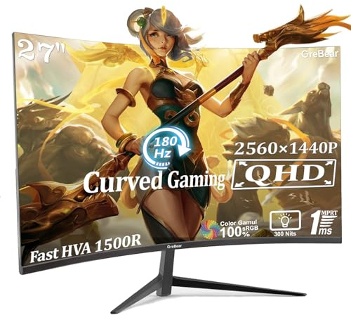 27 Inch Gaming Monitor Curved 1440P 180HZ 2K, Professional PC Display QHD 2560x1440p Home Office Computer Screen, HDMI, DP, AdaptiveSync, 1500R, Tilt Adjustable, Build-in Speaker, 100x100mm VESA