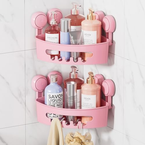 LEVERLOC Duschablage ohne Bohren Duschablage Saugnapf Ecke Extra Stark,Rosa | Saugnapf Dusche Organizer Große Kapazität Bad Organizer Ohne Bohren Badezimmer Zubehör für Shampoo Duschkorb Küche