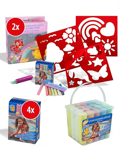 PUSTEFIX 2x MALEFIX Schablonenset Unicorn + 4x Nachfüllpack 18er & 20er Kreide I Leuchtende Straßenkreide Farben mit Schablone I Einfach mit Wasser zu entfernen I Für Kinder & Erwachsene
