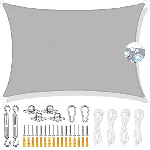 Voile d'ombrage - 5 x 7 m - Protection UV à 95 % - Coupe-vent et anti-poussière - Pour extérieur, jardin, terrasse, fête, garage - Kit de fixation inclus - Gris clair