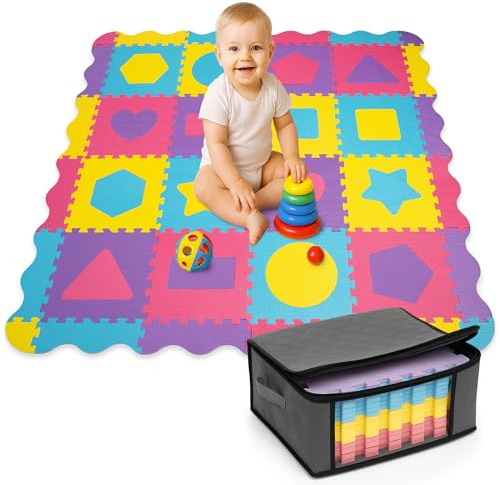 Cantoblanc® Pusselmatta Baby EVA-skum 140x140 cm 36 Delar Krypmatta Unisex | 12mm tjock, 36 utbytbara bitar, kanter, förvaringsväska, golvmatta för spädbarn 1+ månad, geometriskt mönster, lättrengjord.
