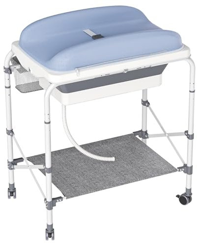 YUENFONG Wickeltisch Baby 4 in 1, mit Badewanne, Klappbar Wickelkommode mit Rädern & Sicherheitsgurt, Tragbar Wickelstation bis 50 kg Belastbar, inkl. Ablagefächern, Beige