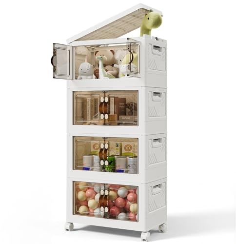 Warmiehomy Scatola portaoggetti con coperchio, 40 l x 4 ripiani, pieghevole, in plastica, con ruote, contenitori pieghevoli con coperchio, casse impilabili compatte per ufficio, casa, camera da letto