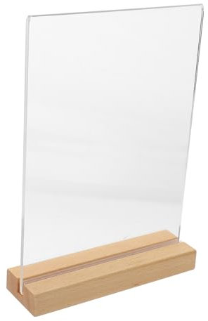 HOMSFOU Présentoir Acrylique Transparent Avec Base Bois Porte Menu Vertical Pour Restaurants Et Commerces Support De Table Pour Affichage Publicitaire