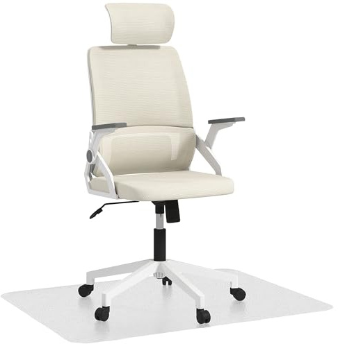 Vinsetto Conjunto de Oficina Incluye 1 Silla de Oficina de Malla con Función de Basculante Altura Ajustable Reposacabezas Regulable Beige y 1 Alfombra Protectora 90x120 cm