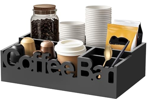 RHAIQBVC Coffee Station Organizer for Countertop, Multipurpose Solid Wood Coffee Pod Holder Storage Basket, Essential Coffee Bar Accessories for Home, Office, Kitchen, Black (30.5 x 18.7 x 8.7 cm)