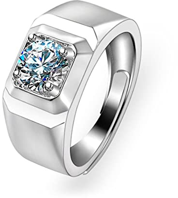 Lirzxin Hochzeit Ring 585 Gold Herren 14 Karat, Verlobung Ringe Für Herren Verstellbar Breit Solitär Rund Moissanit mit 4 Zinken Trauringe Weißgold Gr. 54 (17.2)