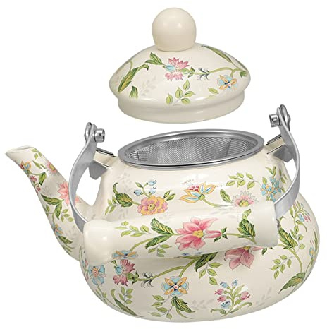 STOBAZA Teiera Smaltata Infusore 1,5l, Bollitore Portatile Da Fornello Beccuccio Largo e Manico Comodo, Bollitore Per Uso Domestico, Per Tè, Caffè e Regali Per Inaugurazioni