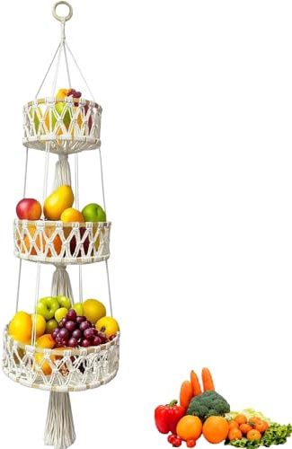 Powerruif Obstkorb Hängend aus Baumwollseil, Bambus Hängekorb Obst, Böhmisches Bambuskreis Obstnetz, 3 Etagere Hängekorb Küche für Obst und Gemüse Aufbewahrung 110CM (Beige)
