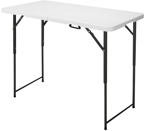 FROASISPRO 4ft Folding Table, Portable Fold-in-Half Adjustable Height Utility Table for Indoor/Outdoor Use, Durable HDPE & Steel, Stable & Lightweight, Multi-Purpose, White