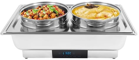 Servidor de buffet, calentador de alimentos con control de temperatura, tapas transparentes con ranuras, ollas redondas dobles grandes de acero inoxidable for restaurantes, buffets y catering.
