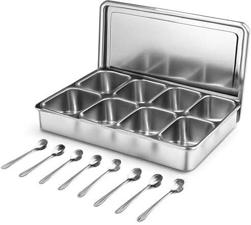 Stainless Steel Spice Box Tray with 8 Removable Compartments, Multi Grid Seasoning Storage Box Container Cruet 45*30cm for Home Kitchen Condiment Jars with Lid and Spoon, Pepper Salt Sugar Organizer