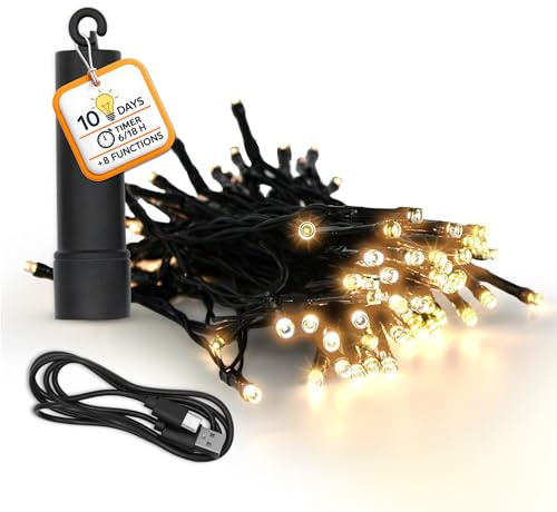 Guirlande lumineuse à batterie rechargeable par USB jusqu'à 10 jours d'éclairage avec minuterie – 100 LED sur 7,4 m – Lumière décorative extérieure blanc chaud avec 8 fonctions – Éclairage décoratif