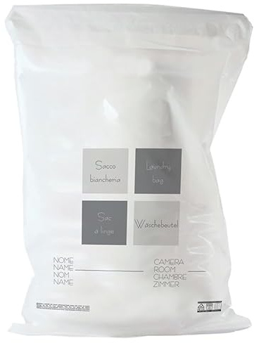 Sacco Biancheria Hotel 60x40 – Ideale per Strutture Ricettive | Con Stampa in 4 Lingue – Sacco Igienico Monouso con Spazio per Nome e Camera (100)