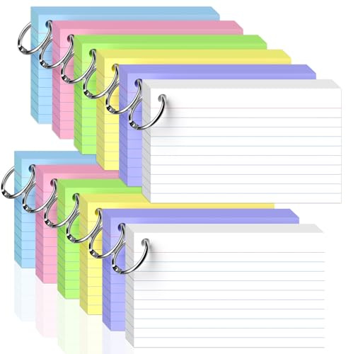 Flash Cards 3x5（7.62x12.7CM） Flashcards, 600 PCS Index Cards 3x5 Cue Cards | Colored Lined Paper Cards Revision with 12 Metal Binder Ring, Record Recipe Study Flash Cards for Taking Notes, Reminders