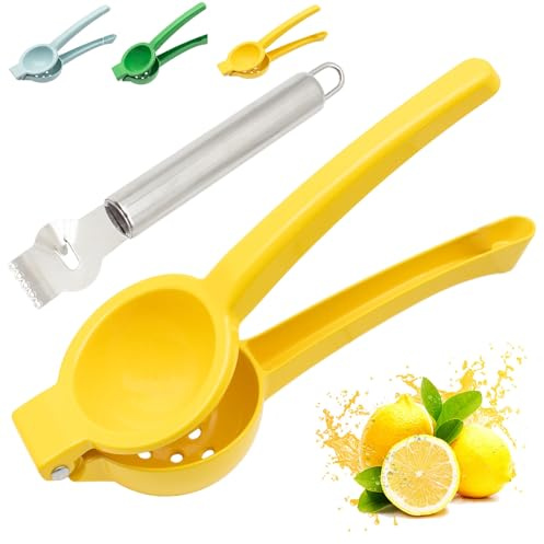 Lemon Squeezer, Large Manual Citrus Press Juicer, Lime Squeezers, Stainless Steel Kitchen Hand Fruit Juicer Gets Every Last Drop Tools, Max Extraction Handheld Bar Tool with lemon zester - Yellow