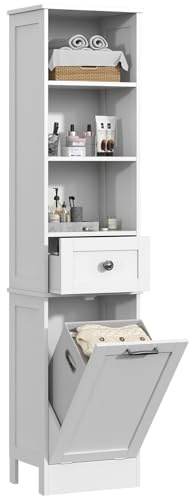 GoaHi 66.9 Tall Bathroom Cabinet with Laundry Hamper, Slim Freestanding Storage Cabinet with 3 Open Shelves, 1 Drawer, Removable Laundry Basket, for Bathroom, Kitchen, Hallway, White