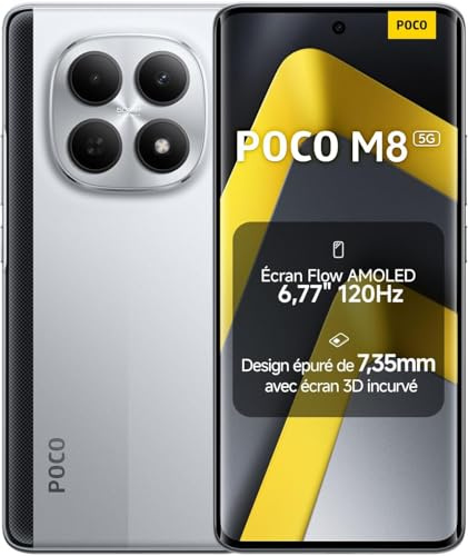 XIAOMI POCO M8 5G Smartphone, 8+ 256 GB, Plateado, Teléfono, IP66, Resistente al Polvo y al Agua, Batería Masiva de 5520 mAh, 6.77, 120Hz, 45W, con Cargador, sin NFC