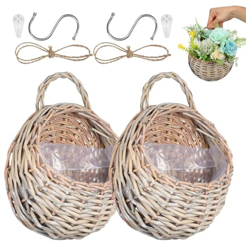 KESYOO 2er-Set Wandkorb Hängend - Blumentopf Wand Rattan Körbe - Boho Hängeblumentopf für Pflanzen - Korb Wanddeko Balkon Flur Küche Pflanzkübel Hängetöpfe Natur 18cm