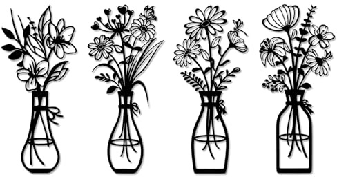 YiYa 4 Stück Wanddeko aus Metall Blumen Wanddekoration Floral Line Wandskulptur Minimalistische Vase Wandkunst für Zuhause Wohnzimmer Schlafzimmer（Schwarz）